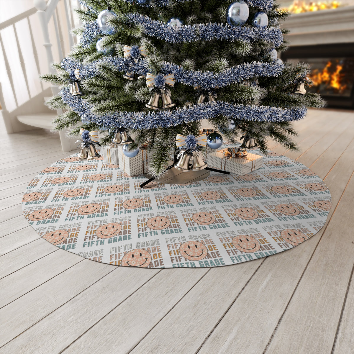 "Fifth Grade Rustic Orange Smiley Face" White Round Tree Skirt