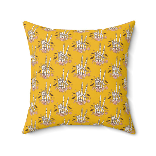 Yellow Boho Skeleton Hand Peace Sign Pattern Fall Halloween Spun Polyester Square Pillow