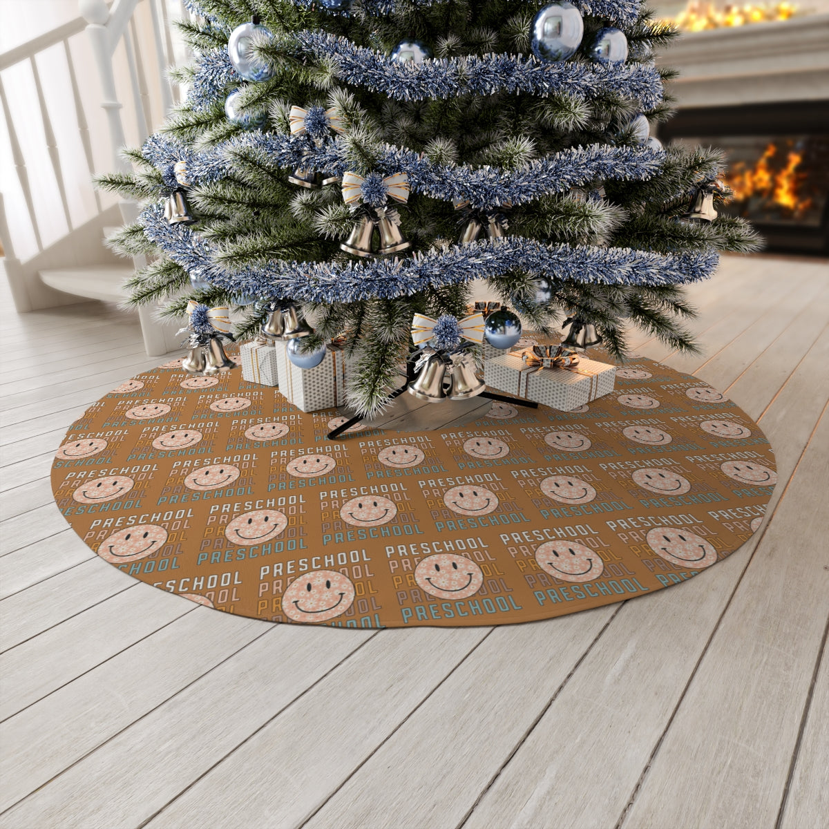 "Preschool Rustic Orange Smiley Face" Light Brown Round Tree Skirt